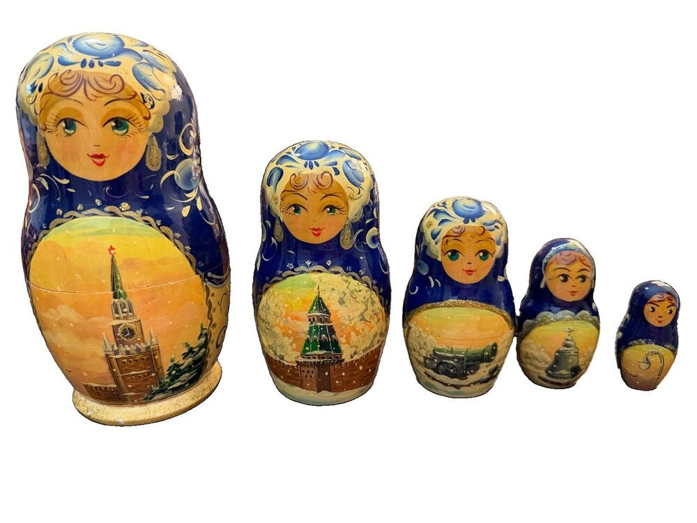 Russian Matryoshka Nesting Dolls 5 Pc 6" Hand Painted Signed Linden Wood Tver